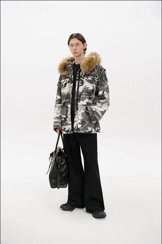 [MASONPRINCE] Camouflage Fur Collar Oversized Parka Coat