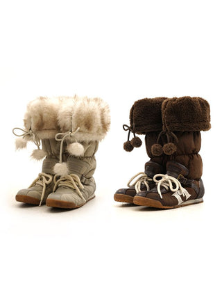 [Moromoro2] Furry Ball Patchwork Leather Boxing  Boots