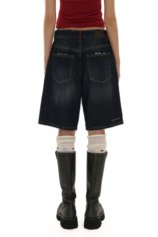 [Moromoro2] Washed Cat Whisker Distressed Wide Leg  Jeans