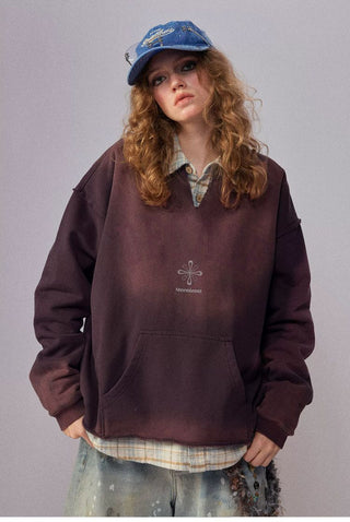 [Monterest] Washed Split-Neck Graphic Sweatshirt