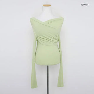 Shirred Asymmetrical Off-Shoulder Long T-Shirt