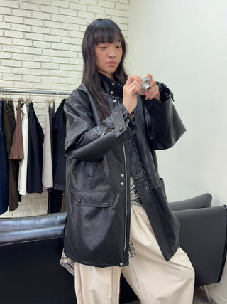 [NeverSeez] Padded PU Leather Trench Coat