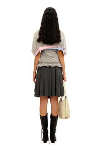 [Moromoro2] Lace Trim Plaid Patchwork Pleated  Skirt