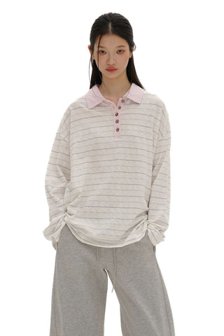 [Moromoro2] Striped Polo Long Sleeve Tee with Star  Buttons