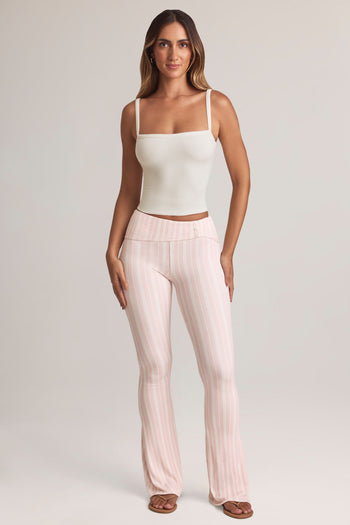 Modal Foldover Mid-Rise Flared Trousers in Stripe Print