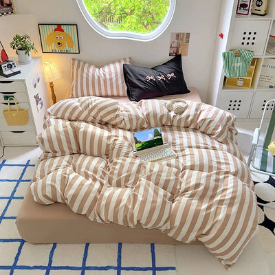 Beige Striped Cotton Bedding Set