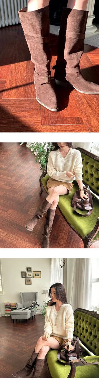 [Leg Line Cover] Suede Buckle Long Boots