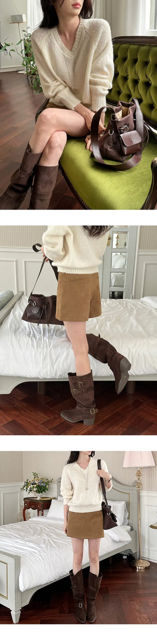 [Leg Line Cover] Suede Buckle Long Boots