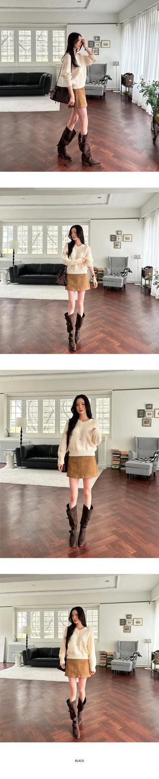[Leg Line Cover] Suede Buckle Long Boots