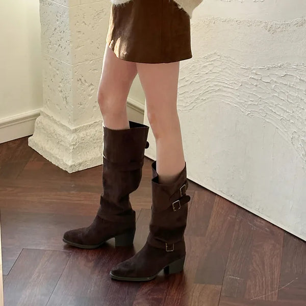 [Leg Line Cover] Suede Buckle Long Boots