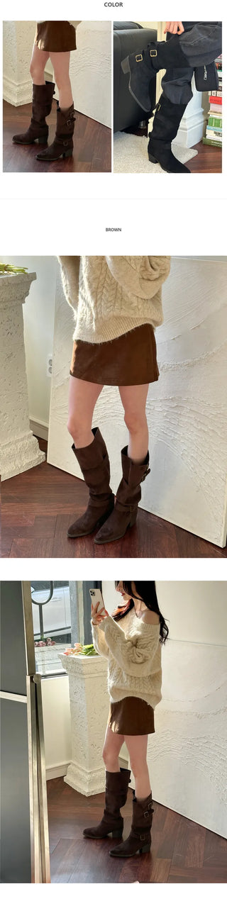 [Leg Line Cover] Suede Buckle Long Boots