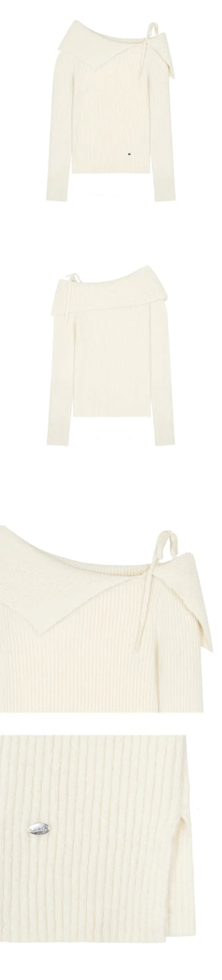 [Woolhonbang] Ribbon Unbalanced Off-Shoulder Knit