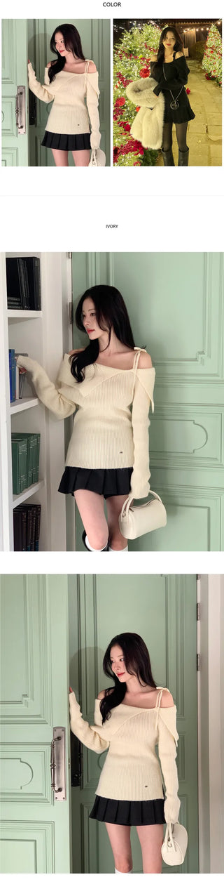 [Woolhonbang] Ribbon Unbalanced Off-Shoulder Knit