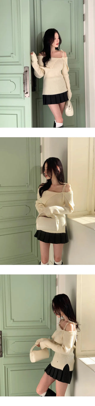 [Woolhonbang] Ribbon Unbalanced Off-Shoulder Knit
