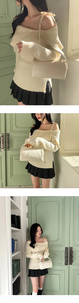 [Woolhonbang] Ribbon Unbalanced Off-Shoulder Knit