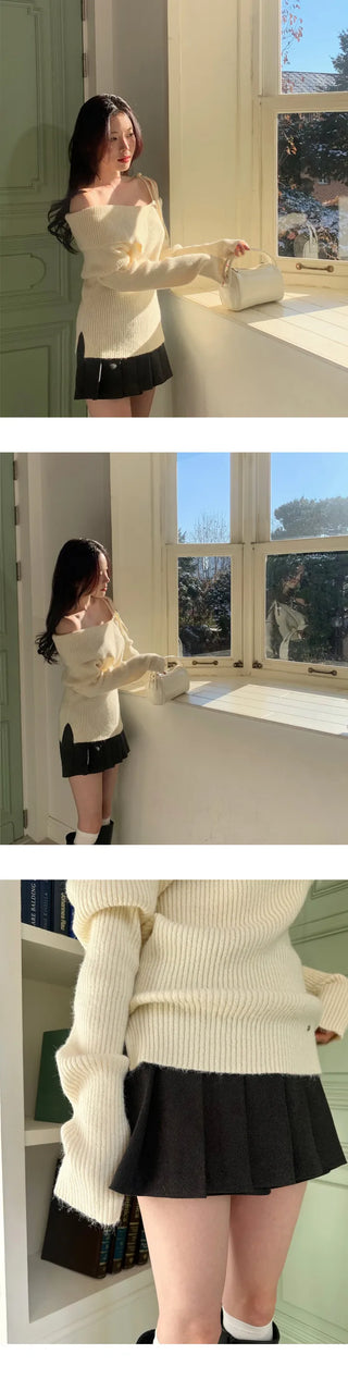 [Woolhonbang] Ribbon Unbalanced Off-Shoulder Knit