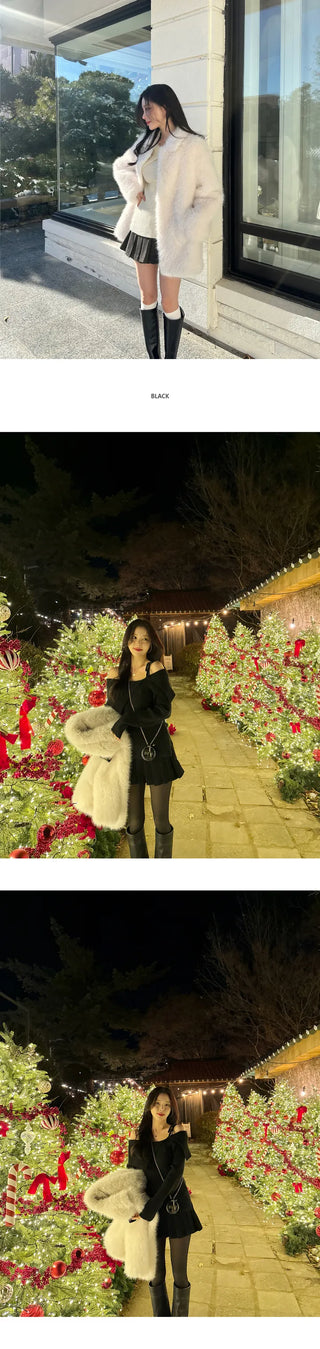 [Woolhonbang] Ribbon Unbalanced Off-Shoulder Knit