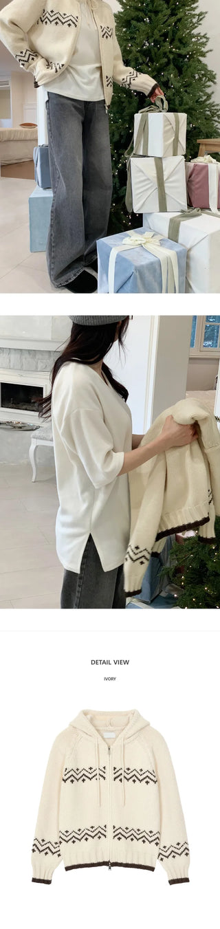 [Zip-up Cardigan] Nordic Hooded Knit Cardigan