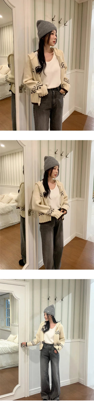 [Zip-up Cardigan] Nordic Hooded Knit Cardigan