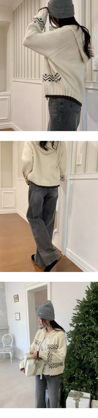 [Zip-up Cardigan] Nordic Hooded Knit Cardigan