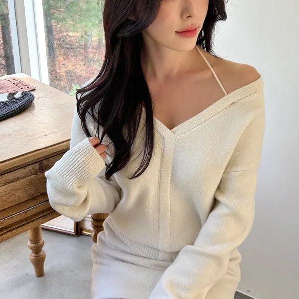 [Eliminate Arm Fat] Wool Halter Off-Shoulder Knit