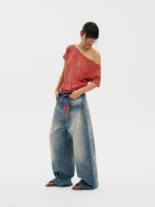 [MASONPRINCE] Curved Cut Washed Denim Wide Pants