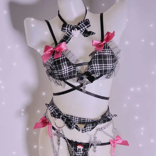 Plaid print bowknot metal chain short pant set