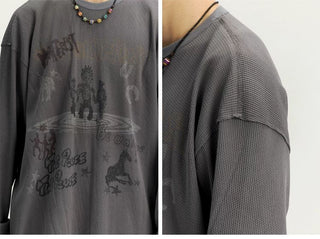 [Monterest] Waffle Weave Washed Print Long Sleeve Tee