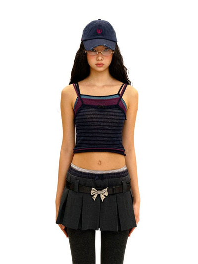 [Moromoro2] Striped Mesh Lace Knit Set