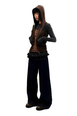 [Moromoro2] Distressed Pleated Skirt Hem Denim  Pants