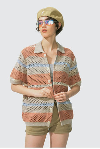 [Monterest] Open Knit Striped Short Sleeve Cardigan