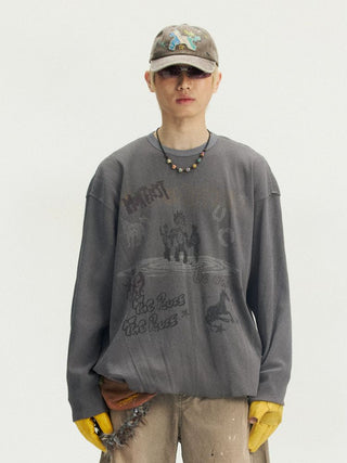 [Monterest] Waffle Weave Washed Print Long Sleeve Tee