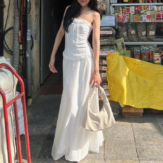 RUFFLE TRIM BOW ACCENT TUBE TOP + MIDI SKIRT