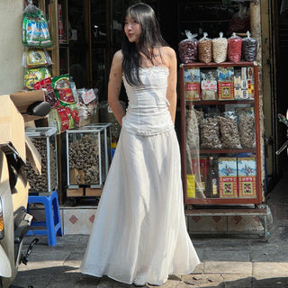 RUFFLE TRIM BOW ACCENT TUBE TOP + MIDI SKIRT