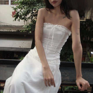 RUFFLE TRIM BOW ACCENT TUBE TOP + MIDI SKIRT