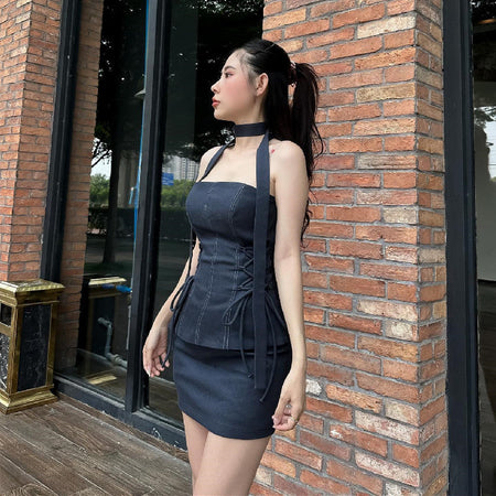 LACE-UP RIBBON TUBE TOP DRESS
