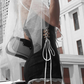 TEXTURED LACE TIE STRAPPY TWO-TONE MINI DRESS