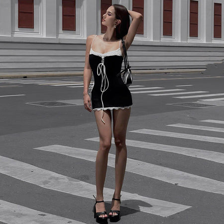 TEXTURED LACE TIE STRAPPY TWO-TONE MINI DRESS