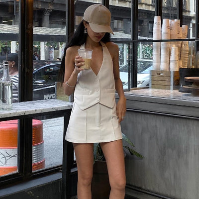 FAKE POCKET HALTER VEST SKIRT SUIT