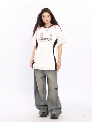 V-neck letter printed raglan jersey