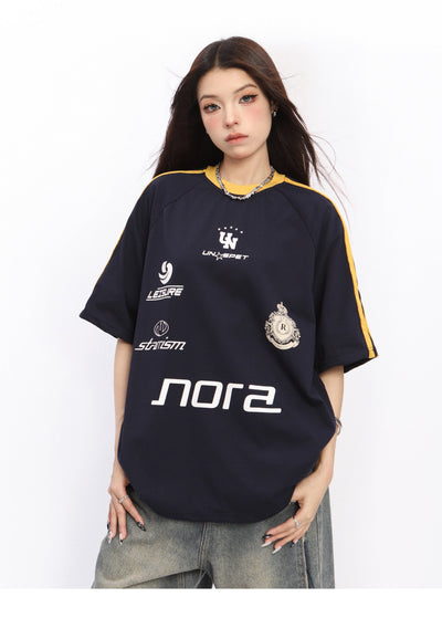 Striped printed raglan sleeve sports jersey