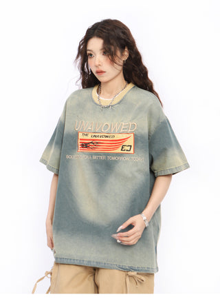 Embroidery denim loose T-shirt