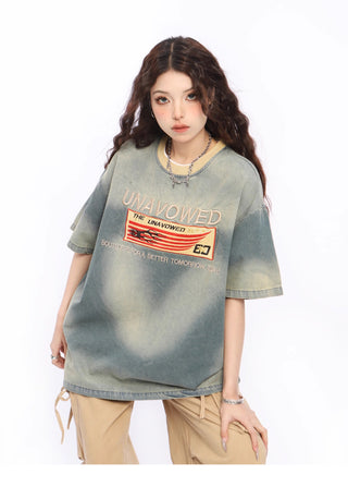 Embroidery denim loose T-shirt