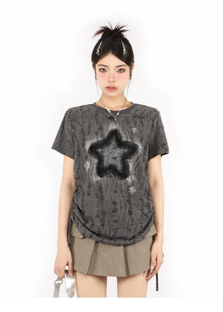 Distressed printed drawstring top