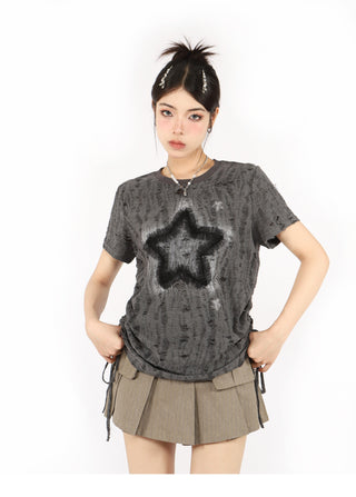 Distressed printed drawstring top