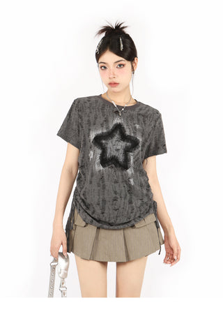 Distressed printed drawstring top
