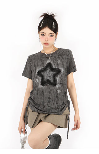 Distressed printed drawstring top