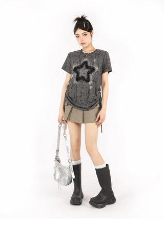 Distressed printed drawstring top