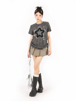 Distressed printed drawstring top