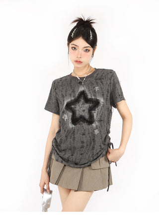 Distressed printed drawstring top